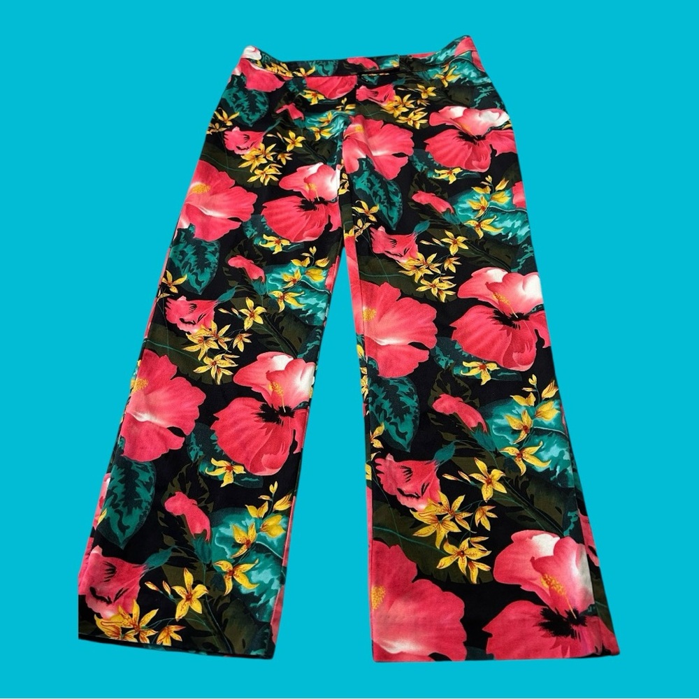 Cashe Y2K colorful pants with hibiscus flowers and invisible zippers